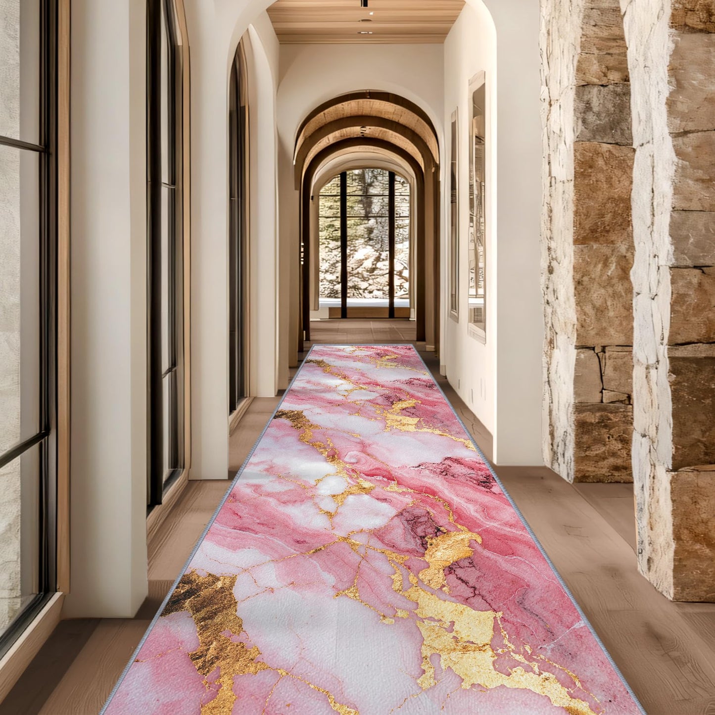 Yoozitrees Marble Runner Rug, 2x6ft, Pink White and Gold Runners for Hallways, Abstract Modern Luxury Runner Rug Non Slip Soft Home Decor