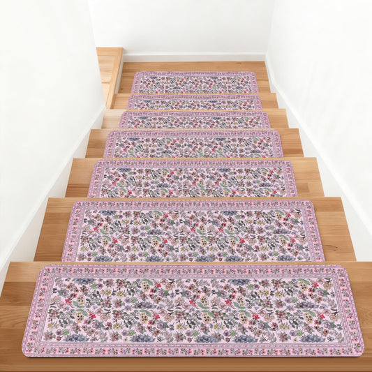 KingMang Vintage Floral Stair Treads Non Slip Carpet Stair Treads for Wooden Steps Indoor 15PCS 30"x8" Stair Runner Stair Mats Safety Staircase Step Treads for Elders Kids Dogs Pink
