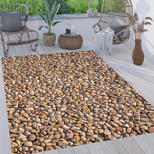 Coastal Beach Pebble Pattern Outdoor Rug 2x6 Washable Reversible Waterproof Thin Easy Clean Durable Beige Brown Outside Carpet for RV Camping Poolside Deck Balcony Garden Low Pile Floor Mat