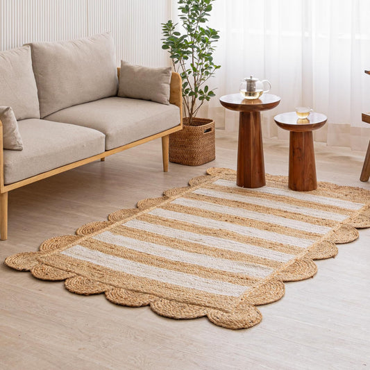 HOMEMONDE Scallop Jute Area Rug - 5'x8' Natural Fiber Boho Farmhouse Style Décor - Handmade Rustic Vintage Braided Area Rug for Bedroom, Living Room, Dining Area, Kitchen