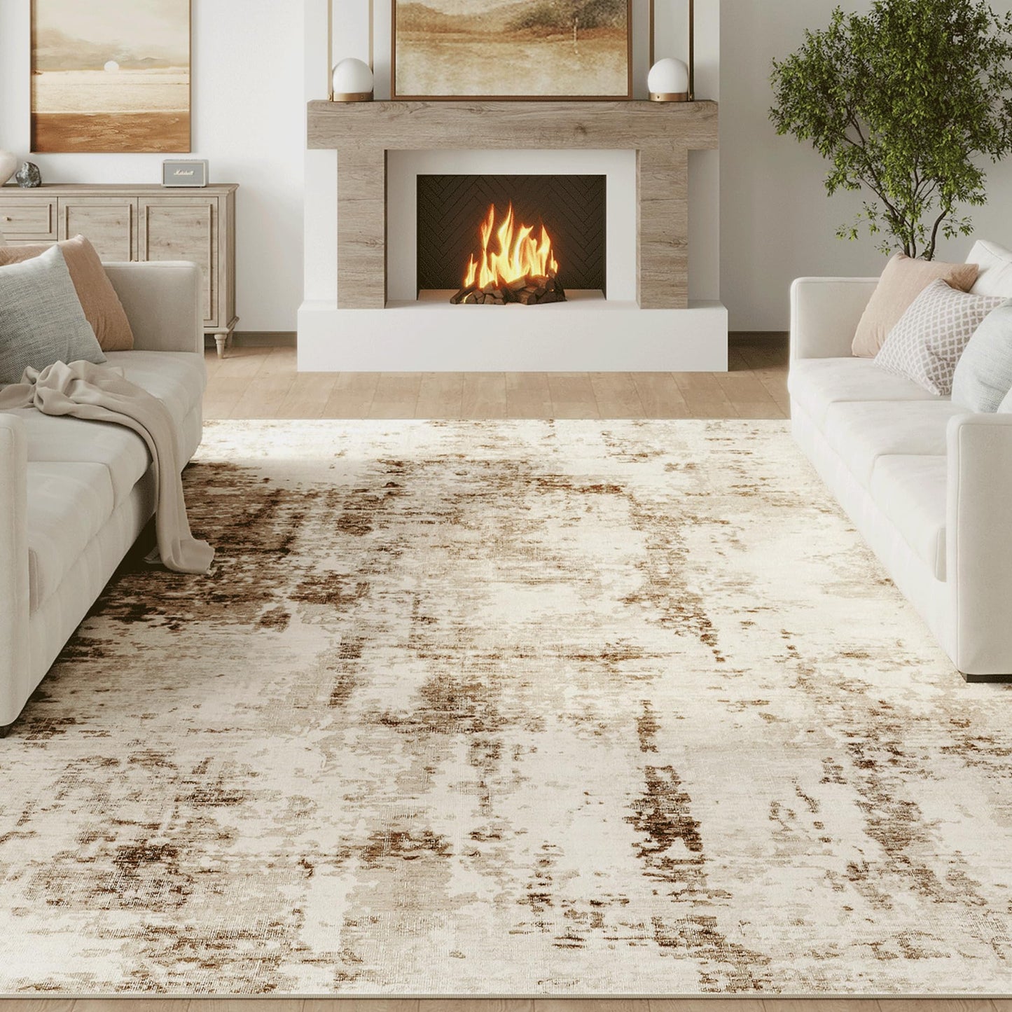 FMFUNCTEX 8x10 Washable Area Rug Brown Beige Neutral Abstract Modern Large Non Slip Carpet for Living Room Bedroom Soft Low Pile Indoor Mat Contemporary Throw Rug for Dining Kitchen Office Nursery