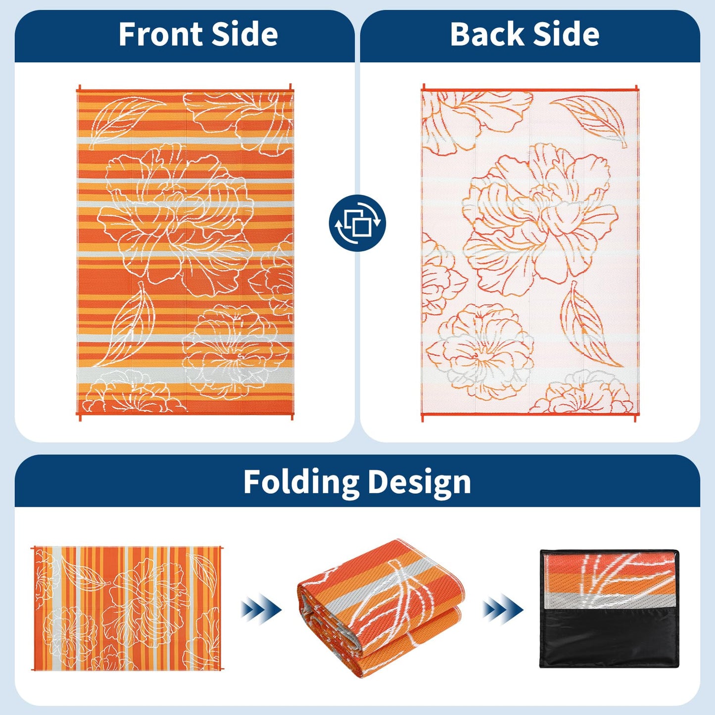 Garvee 5x8 Outdoor Waterproof Rug, Floral Outdoor Area Rug，Reversible Plastic Straw Patio Rug, Portable Camping Mat for RV, Picnic, Beach, Balcony, Garden & Camping Orange