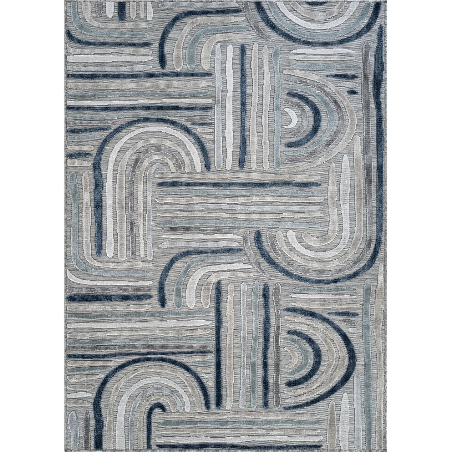 CAMILSON Indoor Outdoor Rug, Blue 9x12 Geometric Arch Striped Large Area Rugs for Patio and Home Areas, Easy-Cleaning Non-Shedding Living Room, Garden and Deck Washable Outside Carpet (9 x 12)