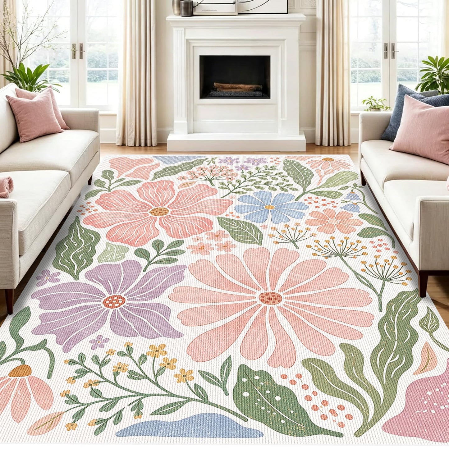Pink Floral Area Rug for Living Room, 5x7 Soft Low Pile Washable Stain Resistant Non Slip Carpet, Boho Modern Abstract Botanical Pattern for Bedroom Sunroom