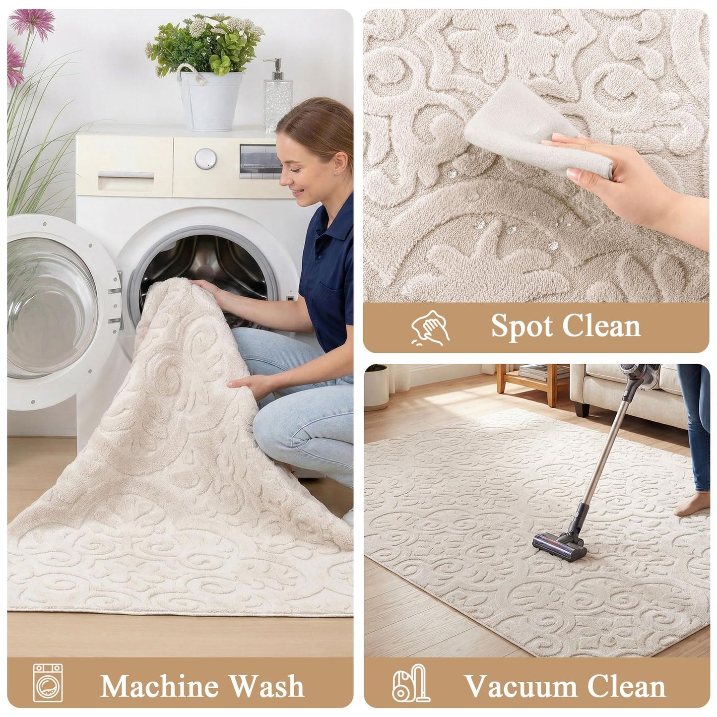 U'Artlines 6x9ft Washable Area Rug for Living Room, Neutral Beige Modern High-Low Pile Rug for Bedroom, Non Slip Soft Cozy Fluffy Large Floor Carpet for Dining Area, Kids Nursery Room