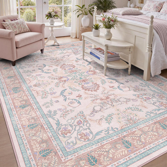 DCX 4x6 Pink Vintage Floral Rug, Machine Washable Non Slip Low Pile Carpet for Girl’s Bedroom, Nursery, Dorm, Kid & Pet Friendly Soft Stain Resistant Rug