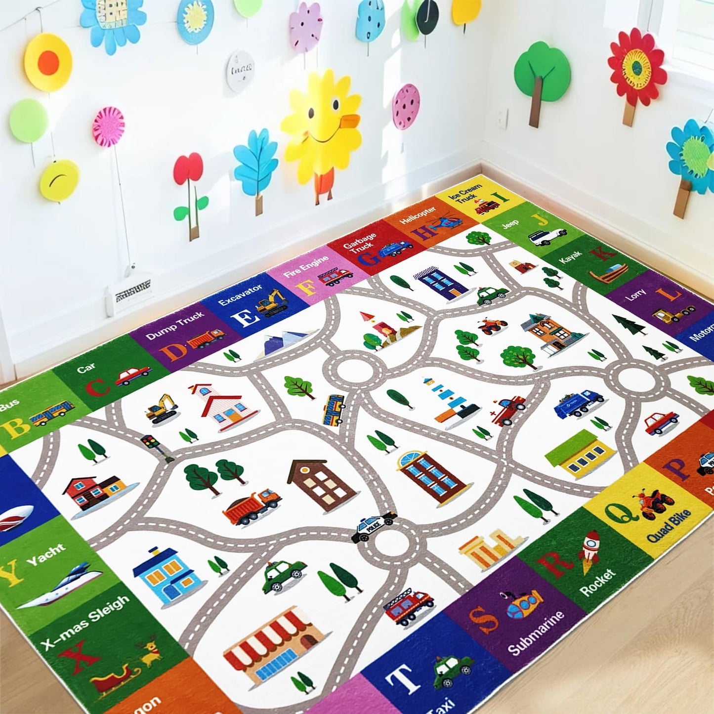 Lacomfy Kids Rug 4x6Ft ABC Car Road Map Play Mat Carpet for Boys Girls Bedroom Playroom Classroom, Vehicles & Alphabet Town Track Learning and Educational Children Area Rug, Nonslip, Indoor Decor