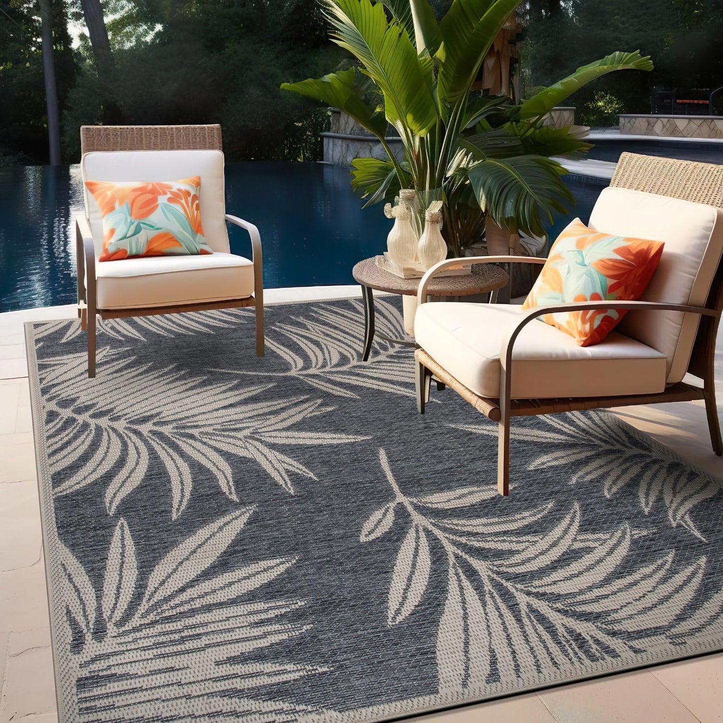 Rugshop Leaf Design for Patio Rugs,Deck Rugs,Balcony Rugs Indoor/Outdoor Area Rug 4' X 6' Blue