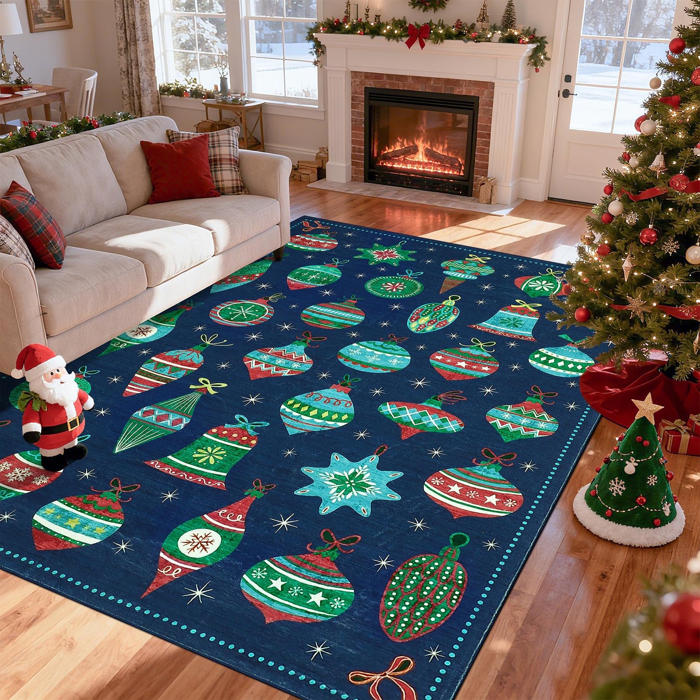 COZYLOOM Washable Christmas Rug 5x7 Holiday Decorative Floor Mats, Non-Slip Non-Shedding Christmas Carpet, Easy Cleaning Low Pile Indoor Rug for Living Room, Bedroom, Nursery, Blue