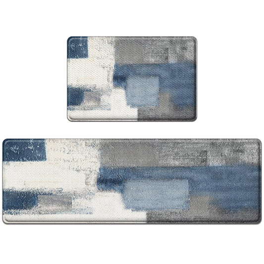 Nesphy Anti-Fatigue Blue Grey Kitchen Rug Set of 2 Cushioned Abstract Rug for Floor, Art Standing Mat Waterproof Non-Slip Mat PVC Ergonomic Comfort Foam Kitchen Decor