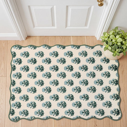 Klyyo Clyro Scalloped Entryway Rug 2x3 ft Vintage Hydrangea Block Print Outdoor Rug Wavy Shaped Blue White Floral Area Washable Non Slip Mat for Entryway Home Bathroom Bedroom Holiday Office Decor