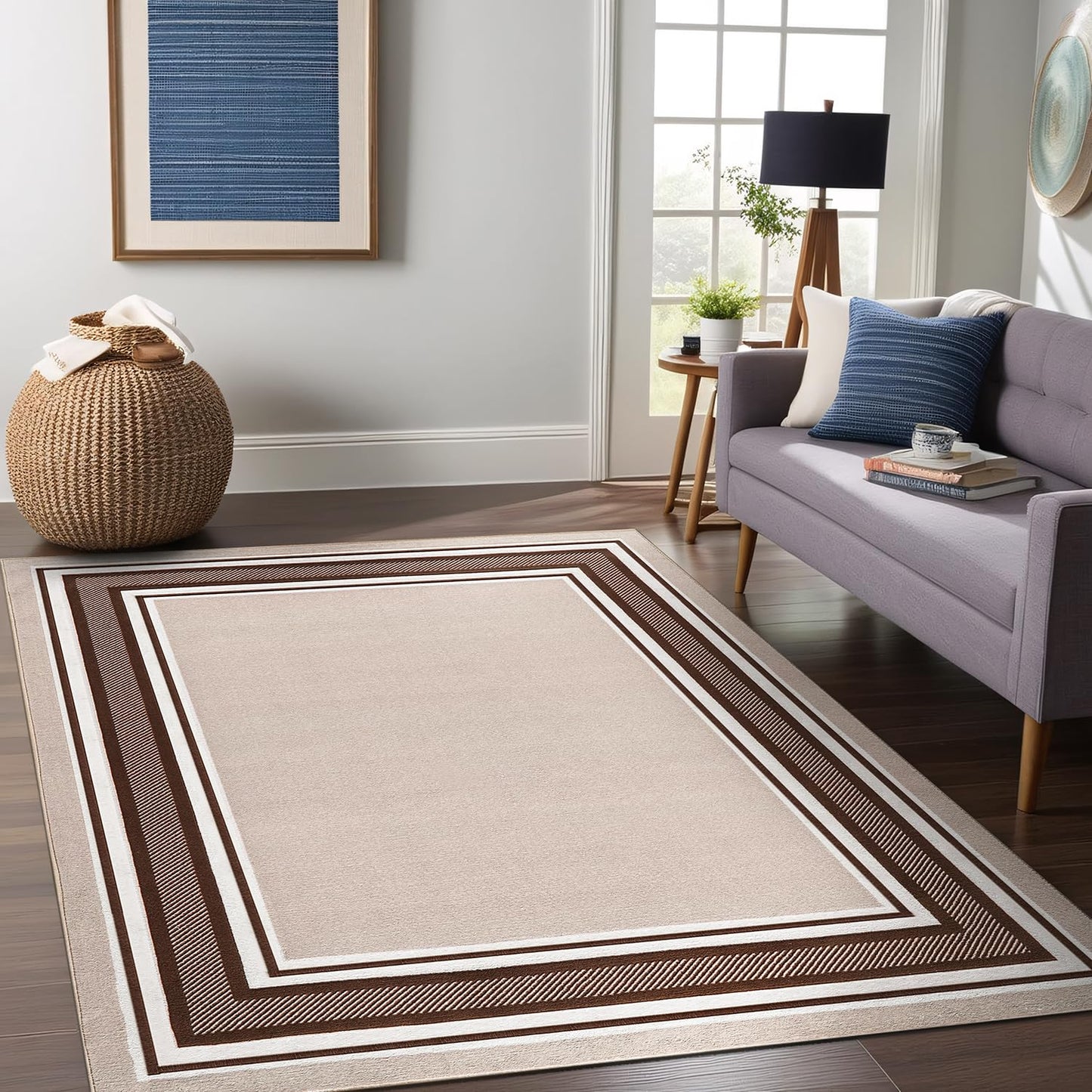 Beverly Rug Non Slip Area Rugs 5x7 Modern Bordered Non Skid Rubber Backing Soft Area Rug for Living Dining Room Easy to Clean Non Shedding Kitchen Bedroom Indoor Carpet 5 x 7 Beige-Brown