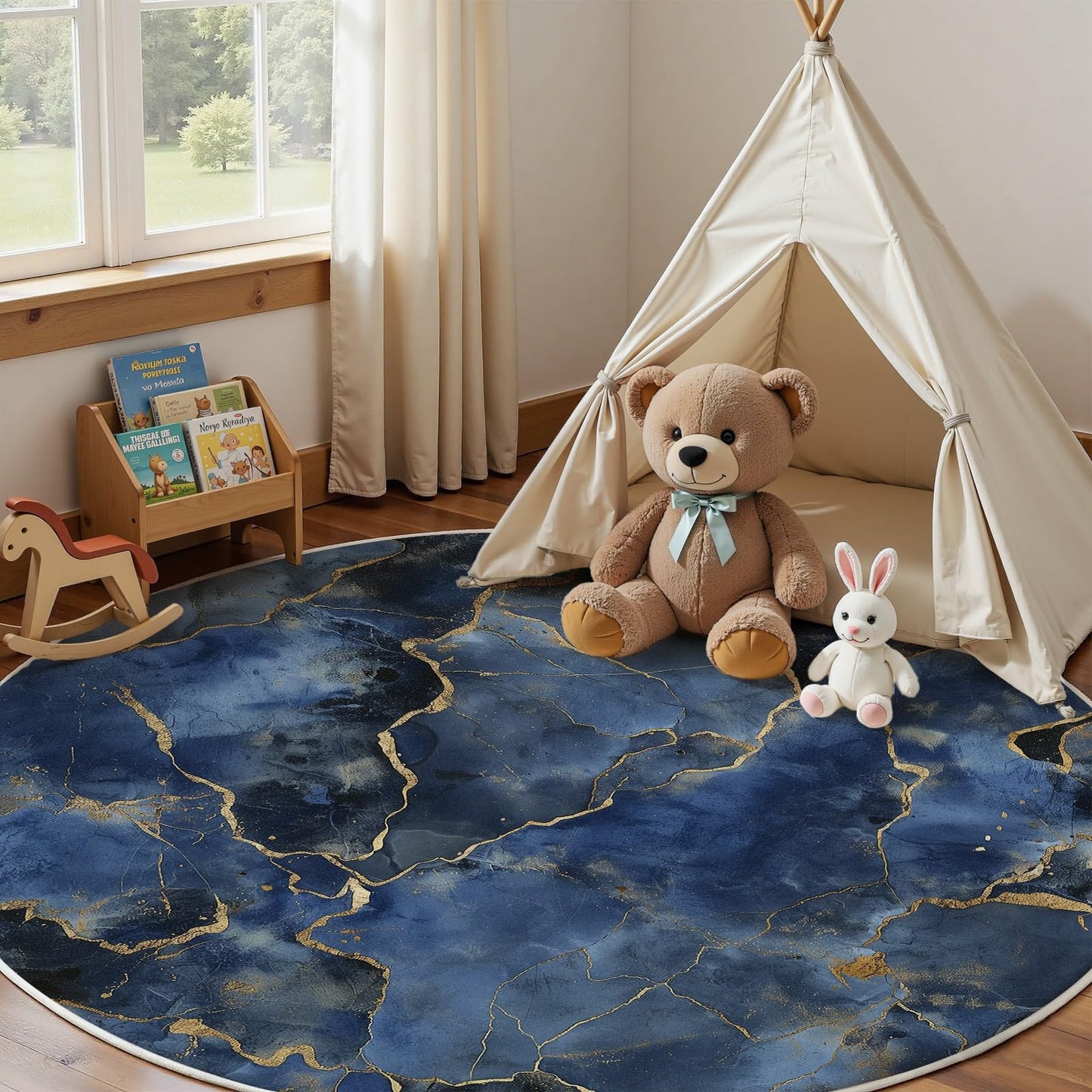 Modern Abstract Area Rug, 5ft Blue White Gold Marble Texture Carpet, So Flannel Washable Floor Rug with Non-Slip Backing for Living Room Bedroom Dining Room Contemporary Home Decor