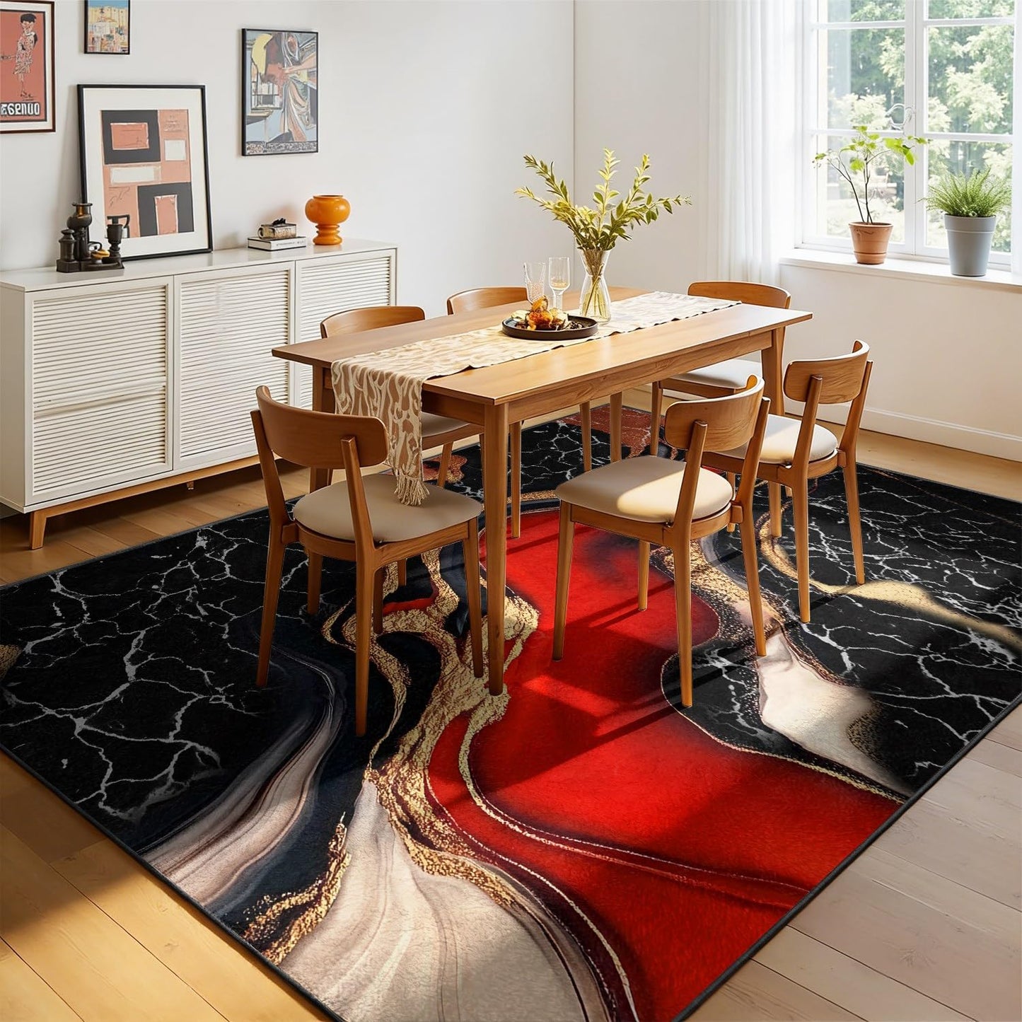 RSJLFHE 4x6ft Area Rug for Living Room, Elegant Red Black Gold Abstract Marble Washable Rug, Non Slip Low Pile Fluid Ink Design Stain Resistant Indoor Carpet for Bedroom Office Home Decor