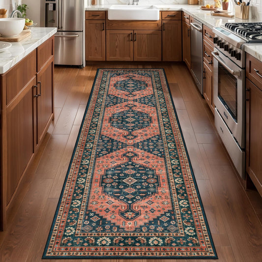 Tangsoo Oriental 2.6x8 Runner Rug for Hallways,Vintage Kitchen Runner Rugs Non Slip Soft Low Pile Rug Long Floor Carpet for Bedroom Entryway Laundry Room Bathroom Red Blue