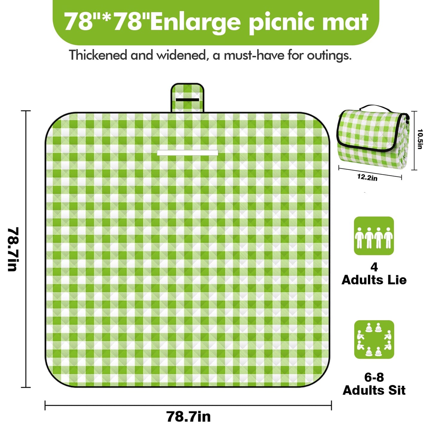 XEHAHOSH 78.7''x78.7'' Extra Large Picnic Beach Blankets, 3 Layers Plaid Waterproof Thickened Foldable Camping Blanket, All-in-one Portable Mat, Suitable for Park, Camping, Outdoor Indoor, Green