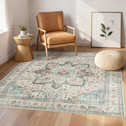 Tortania 6' Square Area Rug Living Room Rugs - Washable Boho Rug Vintage Oriental Distressed Farmhouse Large Thin Indoor Carpet for Bedroom Under Dining Table Home Office - Aqua Multi
