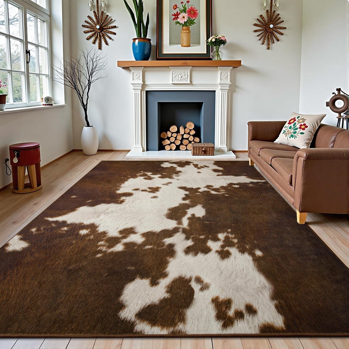 Foxmas Area Rugs for Living Room, 5x7 Feet Cow Print Washable Rug, Non-Slip Low Pile Indoor Floor Cowhide Animal Rug, Carpet for Bedroom Dining Room Laundry Room Western Kitchen Home Office