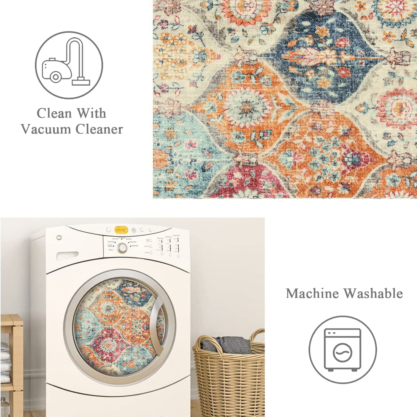 Lahome Moroccan Trellis Washable Area Rugs 5x7, 5x7 Area Rugs for Living Room Bedroom, Indoor Non-Slip Large Oriental Throw Carpet for Kitchen Entryway Bathroom Office Elise, Cream/Multi