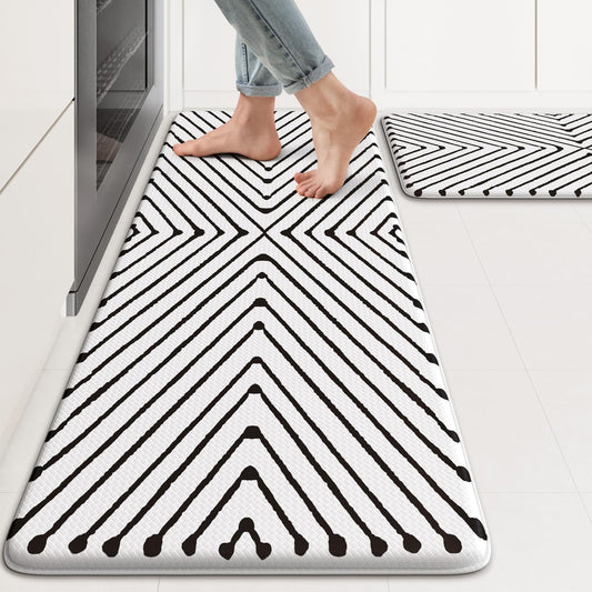 KIMODE Kitchen Mats Cushioned Anti Fatigue, Geometric Kitchen Rugs Sets of 2, Non Slip Waterproof Kitchen Floor Mats, Comfort Standing Mats for Laundry Office Sink Desk 17"x47"+17"x29" Black Diamond