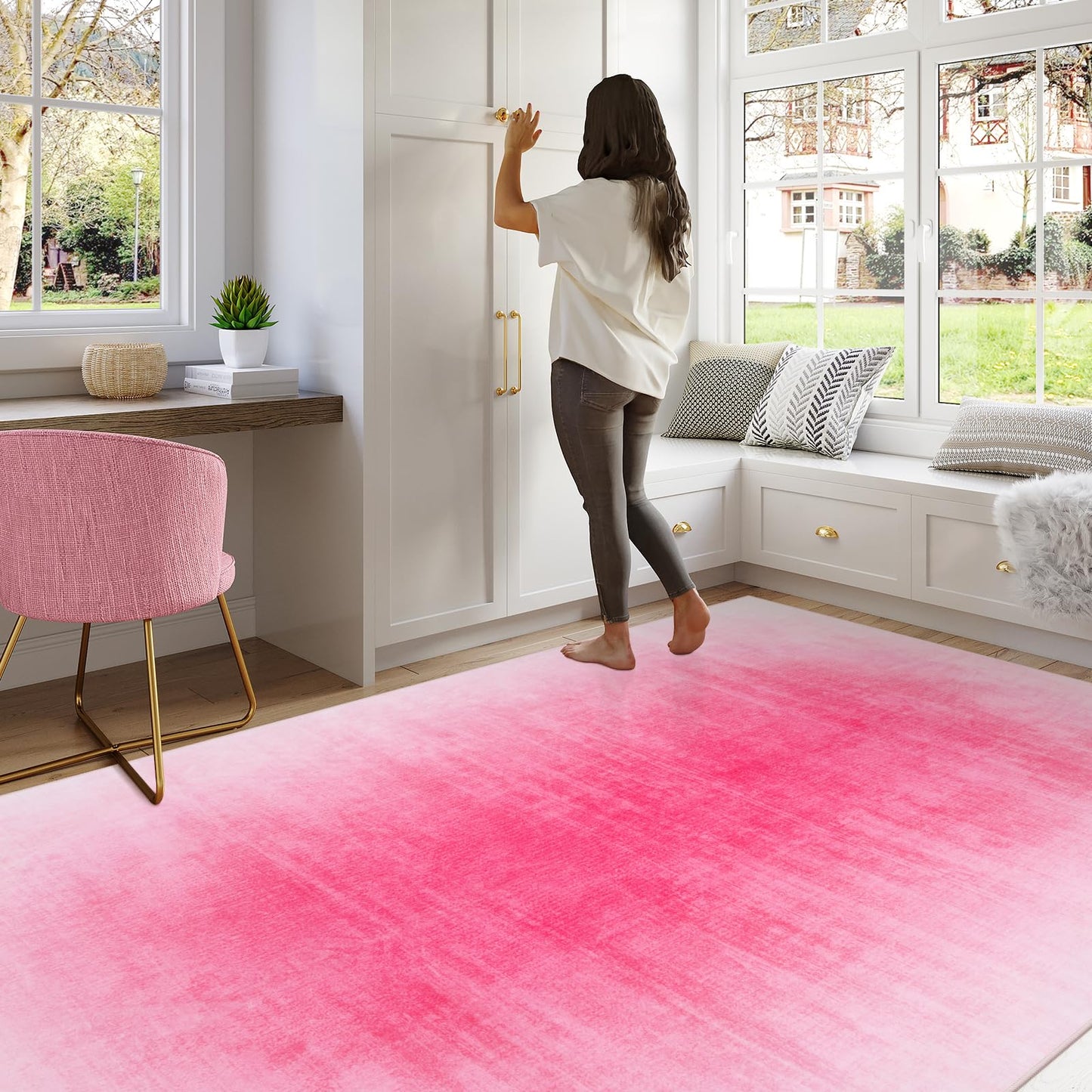 8x10 Area Rugs, Hot Pink Rugs for Living Room Bedroom Girls, Contemporary Ombre Carpet Large Washable Rug Non-Slip Soft Nursery Rug for Playroom, Kid Room, Dining Room