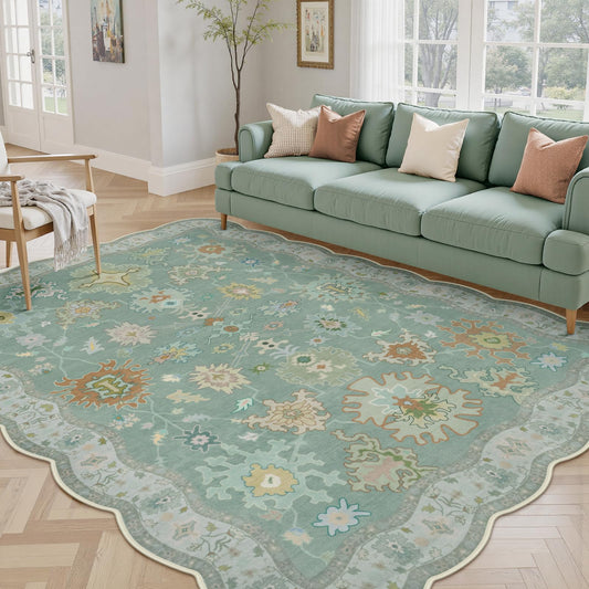 LORWER Oushak Scalloped Area Rug for Living Room 5x7, Boho Green Floral Vintage Soft Carpet, Washable Low Pile Non Slip Rugs for Nursery Bedroom Dorm Dining Room