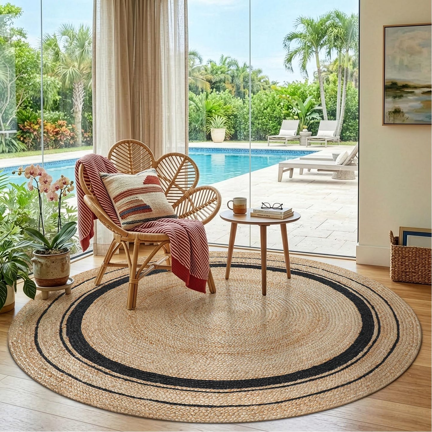 LUMI Jute Area Rug 5ft Round for Living Room, Natural Braided Woven Rugs Non Slip, Neutral Farmhouse Carpets No Shedding, Durable for High Traffic, Dining Room, Indoor, Outdoor, Patio