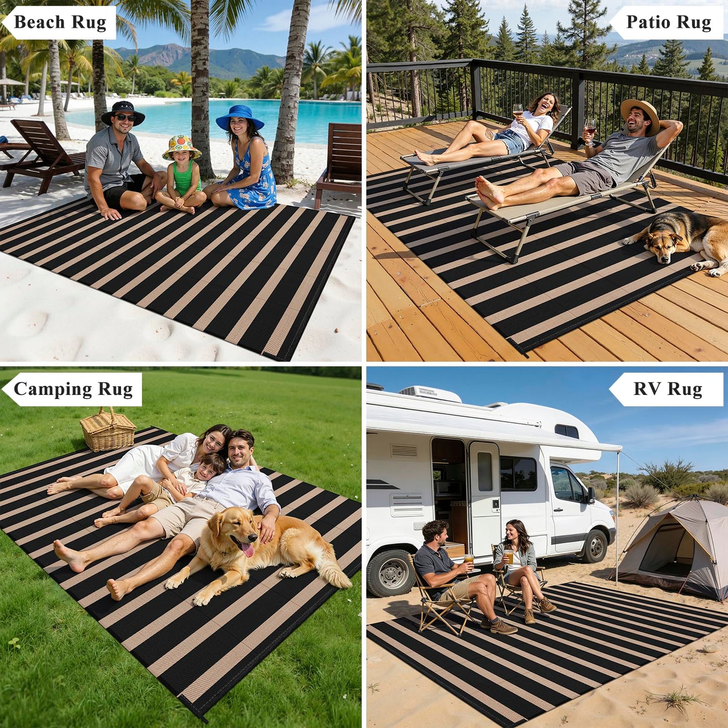 Vaukki Waterproof Outdoor Rug 5x8, Reversible Striped Patio Rug, Lightweight Plastic Straw Camping Mat, Indoor Outdoor RV Carpet for Outsides, Patio, Camping, Balcony, RV and Deck, Black and Beige