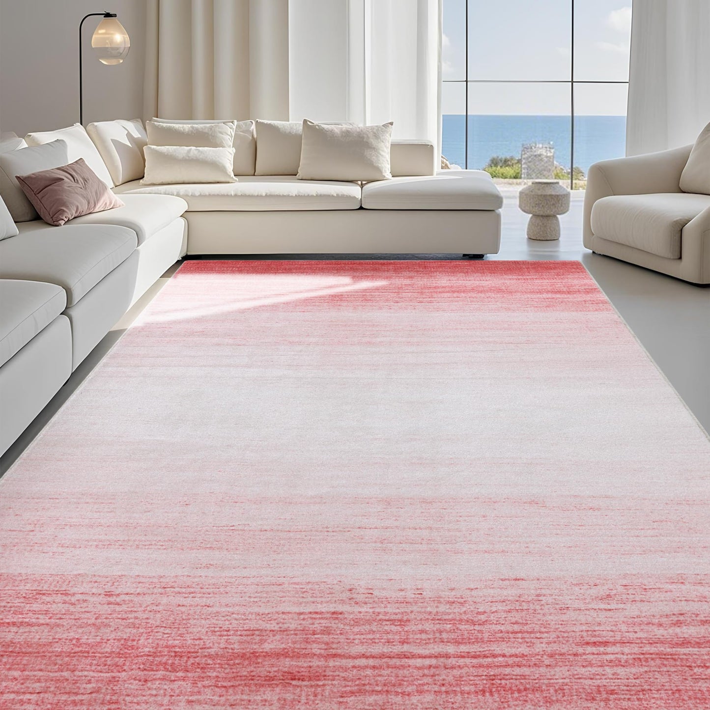 Carvapet 9x12 Area Rug - Pink Gradient Ombre Modern Carpet Low Pile, Non Slip Rubber Backing Easy Clean Foldable Big Thin Floor Rugs for Living Room Bedroom