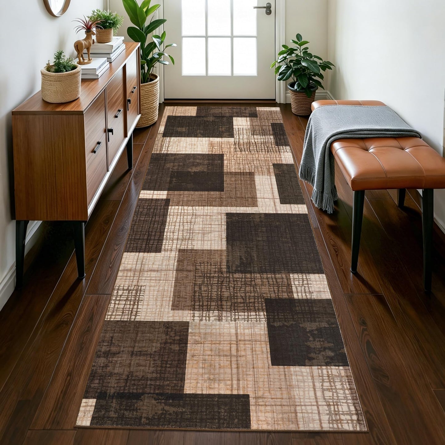 Ailyei Washable 2x8 Runner Rug for Hallway Kitchen Bedroom, Modern Geometric Patchwork Grid Print Non Slip Carpet, Soft Stain Resistant Long Runner with Rubber Backing, Chocolate