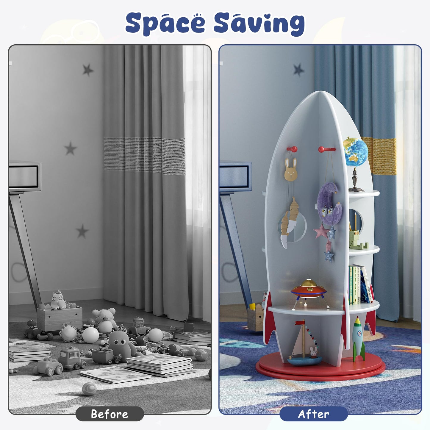 BVIUNTWO Kids Rocket Bookshelf, 360 Rotating Toy Storage Organizer, Multi-Tier Children's Bookcase with Hooks for Playroom & Nursery, Space-Themed Corner Display Shelf for Toddlers, Boys & Girls