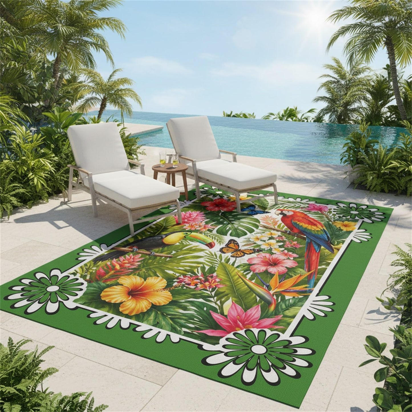 3D Waterproof Outdoor Area Rug 4x6 Tropical Floral Animal Print Green Pink Red Rugs for Porch Patio Deck Garden Rustic Jungle Outside Carpet Non Slip Thin Quick Dry Washable Floor Mats Throw Rugs