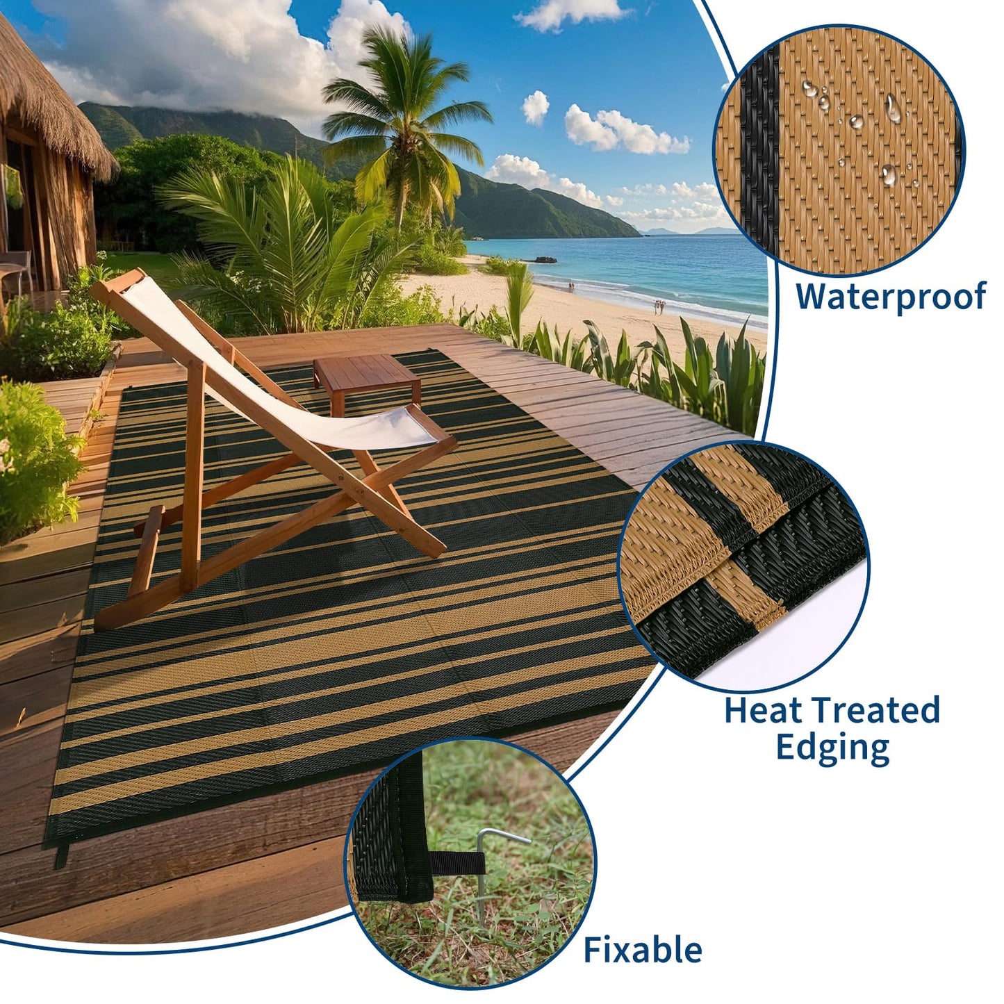 Garvee Waterproof Outdoor Rug 8x10 Modern Striped Lines Plastic Straw Patio Camping Rug Indoor Outdoor RV Mat Carpet for Deck Camper Porch Balcony Backyard Picnic, Black Brown