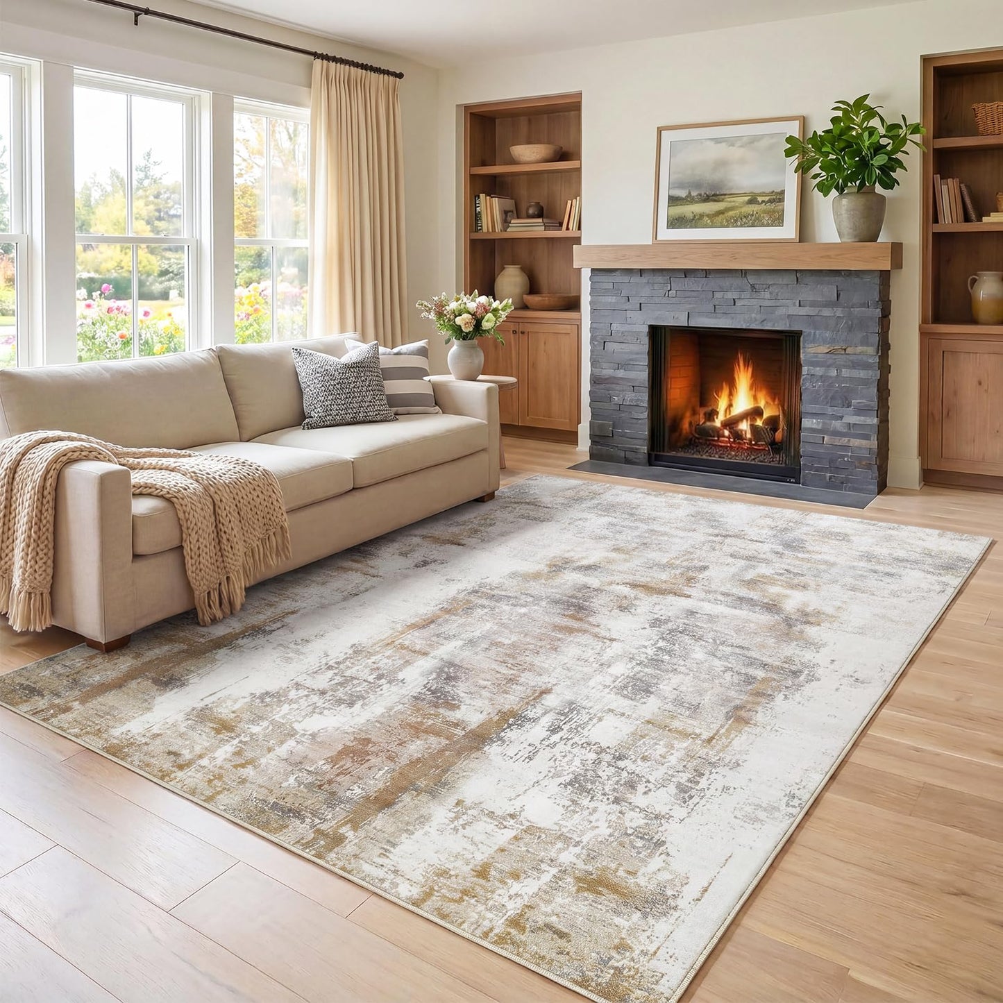 famibay 5x8 Area Rug, Abstract Washable Rugs for Living Room Low Pile Neutral Area Rug for Bedroom Aesthetic Non Slip Rubber Backed Carpet Rugs for Living Room Bedroom Dining Room(Beige/Camel)