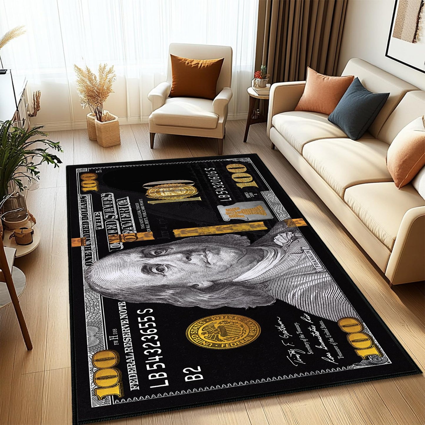 Money Rugs for Living Room 4x6 Area Rug for Bedroom,100 Dollar Bill Throw Rug Washable Rugs Indoor,Hundred Dollar Bills Area Carpet Non Slip Soft Floor Carpets Mat for Dining Room,Laundry,Office,Black