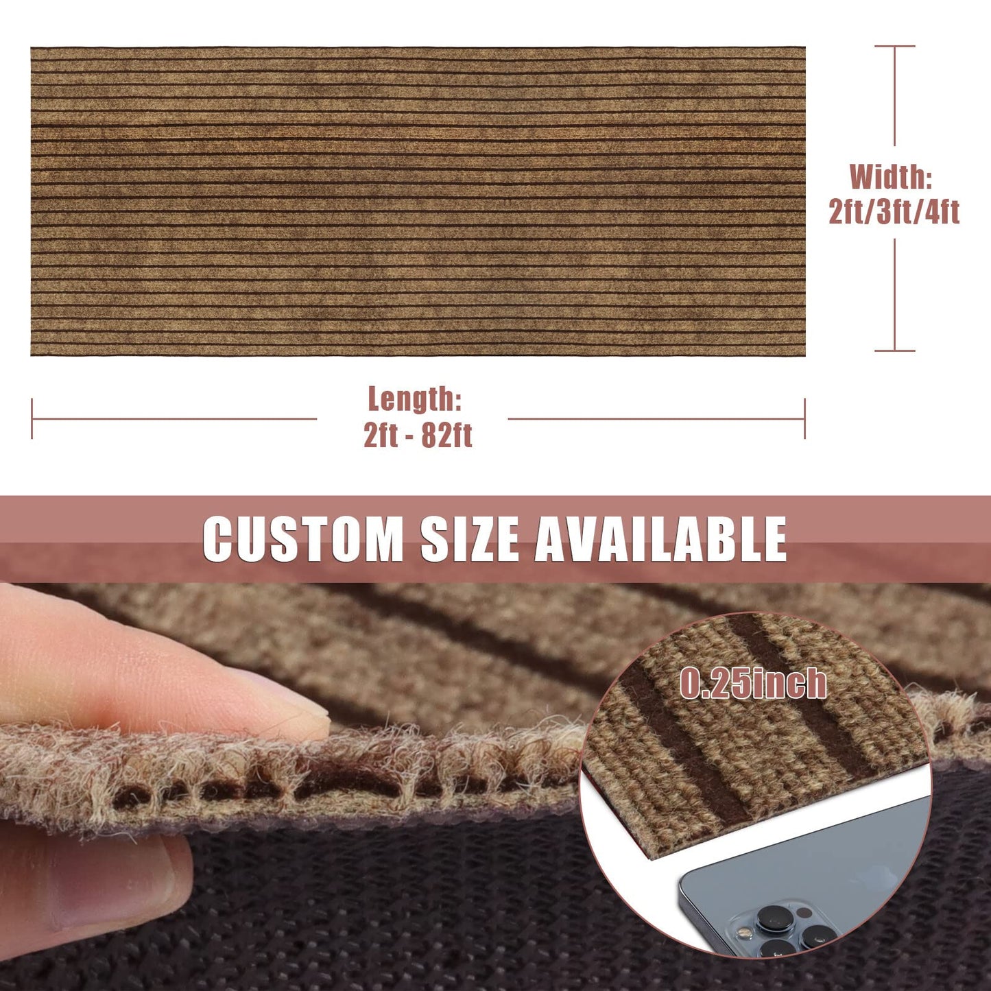 Runner Rug 2 ft x 6 ft Indoor/Outdoor Low Profile, Hallway, Kitchen, Patio, Deck Area, RV, Entryway, Garage, with Non-Slip Rubber Backing, Brown with Brown Stripe, Custom