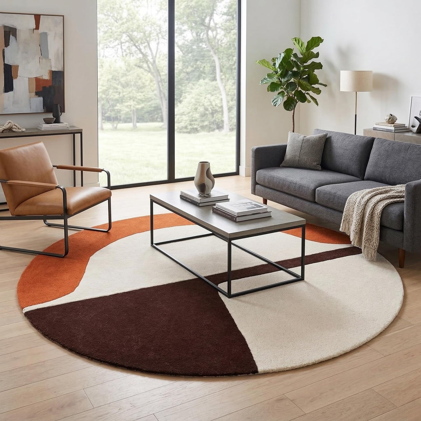 RUGORIA Restoration and Renovation Hand-Tufted Round Wool Area Rug – Unique Modern Circular Design, 100% Natural Wool, Perfect for Contemporary Home Décor, Living Room, Bedroom (Orange, 5' Round)