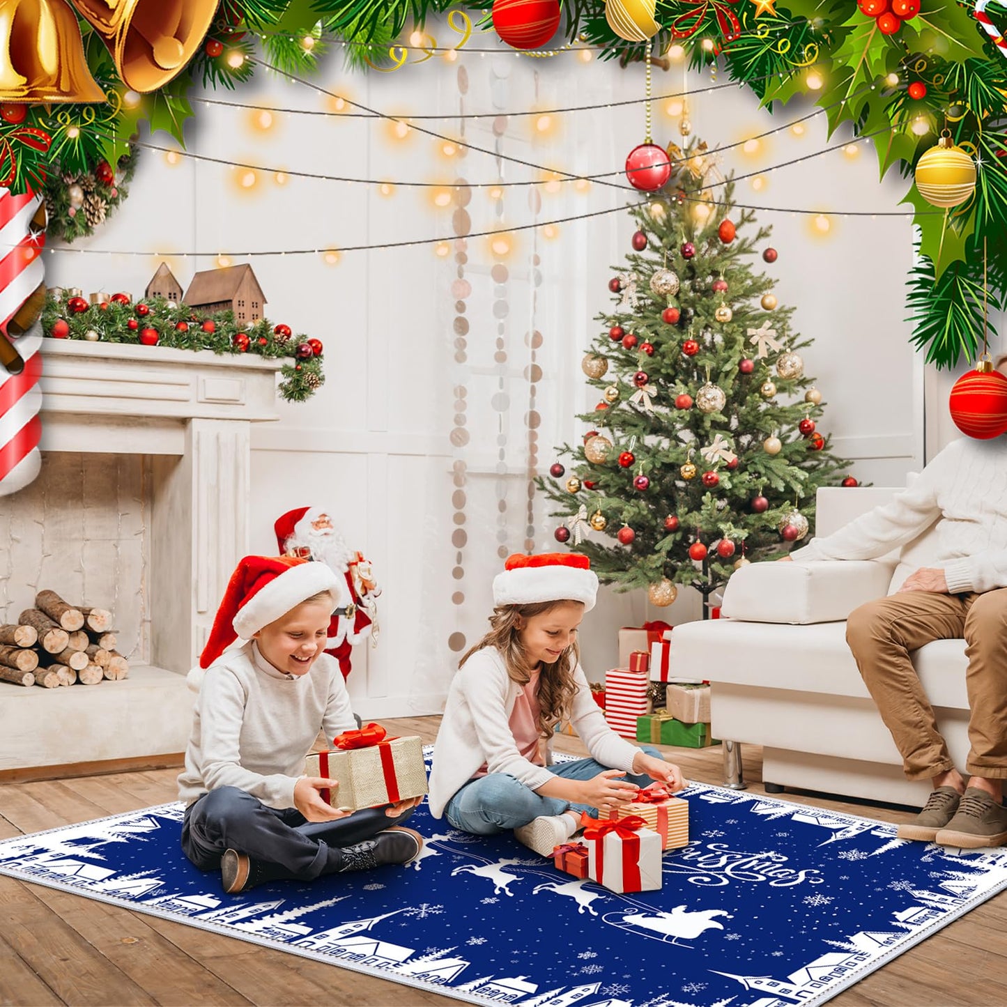 Dunzy Christmas Rug 5 x 7 ft Blue Snowflakes Merry Christmas Area Washable Rug Winter Village Xmas Non Slip Soft Indoor Decor for Kitchen Entryway Bathroom Bedroom Laundry Room