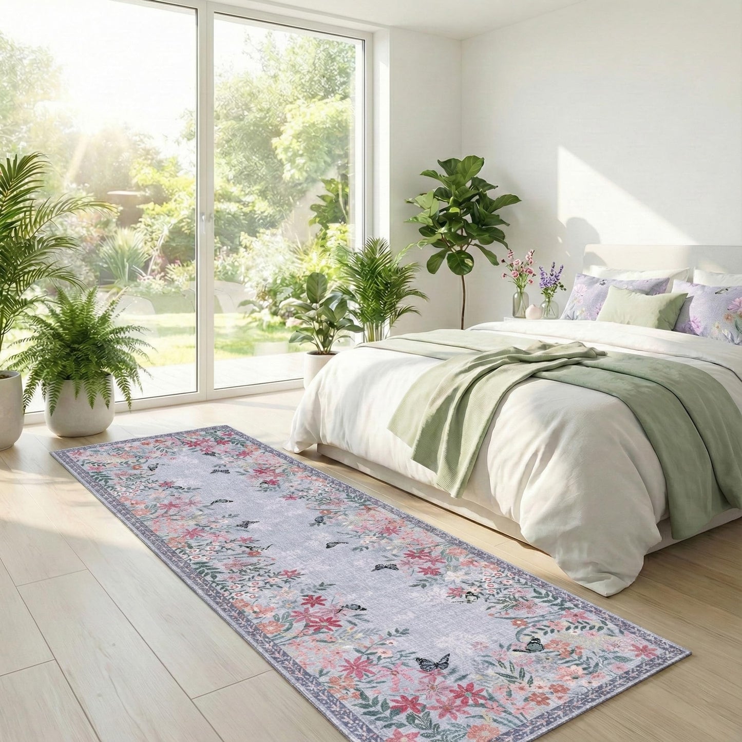 Purple 3x12 Runner Rug for Hallways Bed Side Kitchen, Boho Washable Low-Pile Floor Entryway Long Bathroom Mat, Non-Slip Laundry Room Washstand Front Carpet 36x144 Inch