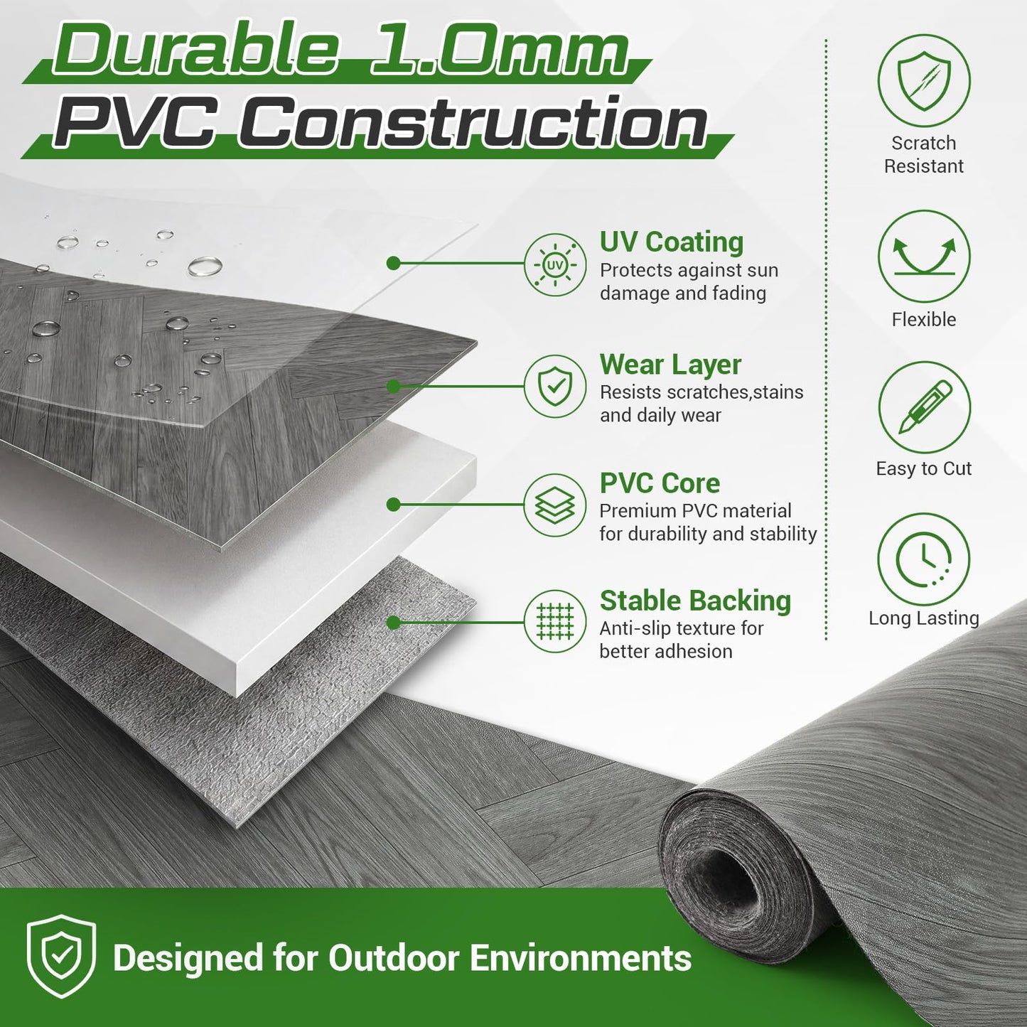 Klyyo Clyro Outdoor Flooring Roll, 3.28' x 32.8' 107.6 sq ft Waterproof PVC Vinyl Deck Covering, Gray Wood Grain, UV Resistant Floor Mat with Installation Tape for Balcony Patio Porch Concrete