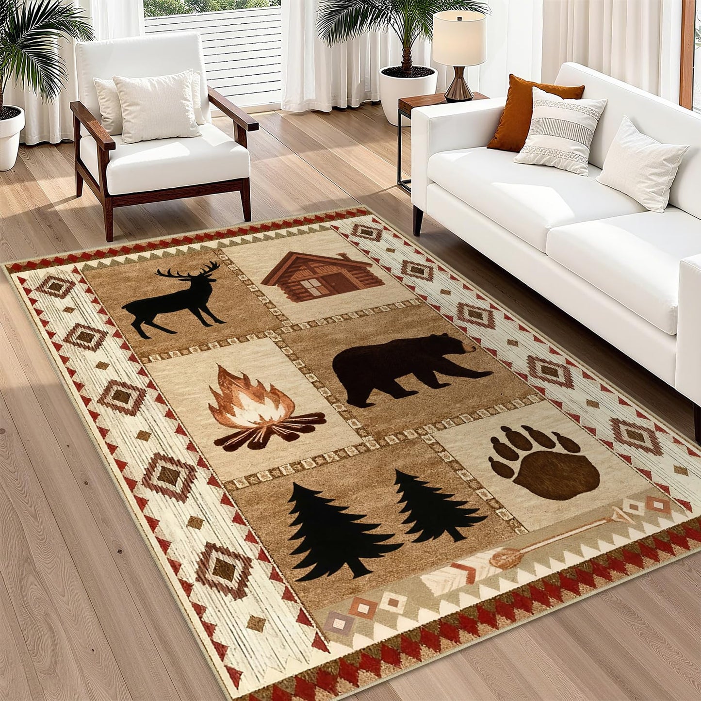 Area Rug 5x7 Rustic Cabin Bear Deer Rug Lodge Country Farmhouse Wildlife Rugs for Living Room Southwesten Machine Washable Non-Slip Printed Low-Pile Indoor Carpet for Bedroom Dining Room Office