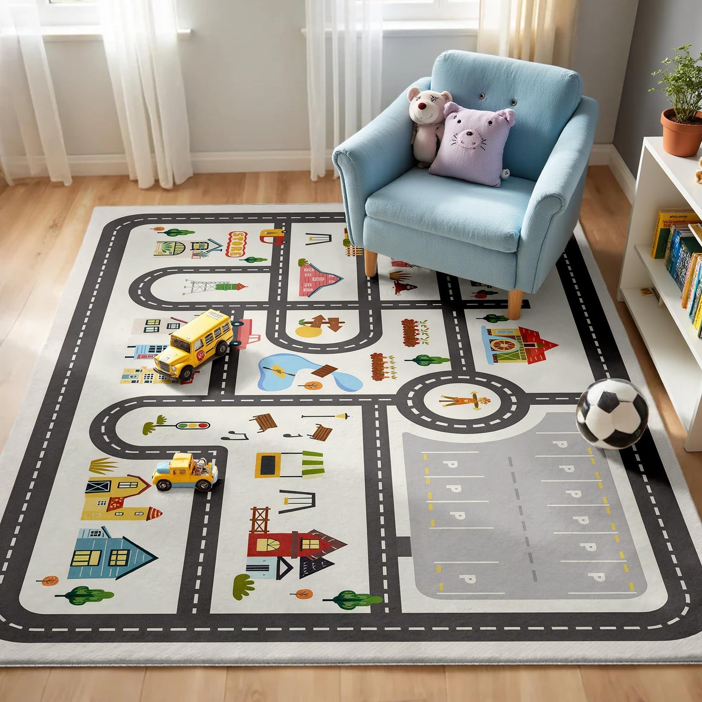 5x7ft Kids Town Road Play Rug - Non-Slip Faux Wool Carpet with Interactive City Map Design, Educational Toy Vehicle Mat for Kids, Bedroom Playroom Nursery Gift.
