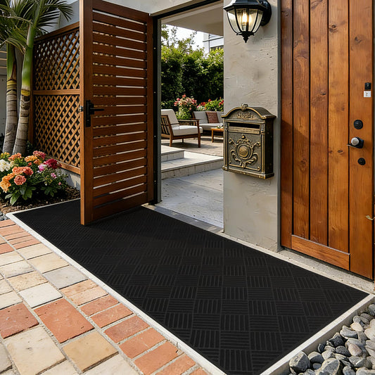 3' x10' Indoor Outdoor Door Mat,Heavy Duty Commercial Grade Entrance Rug with PVC Non-Slip Backing, Durable Welcome Mat for Front/Back Door,Entryway,Low Profile Design with Mud Scraping Grooves(Black)