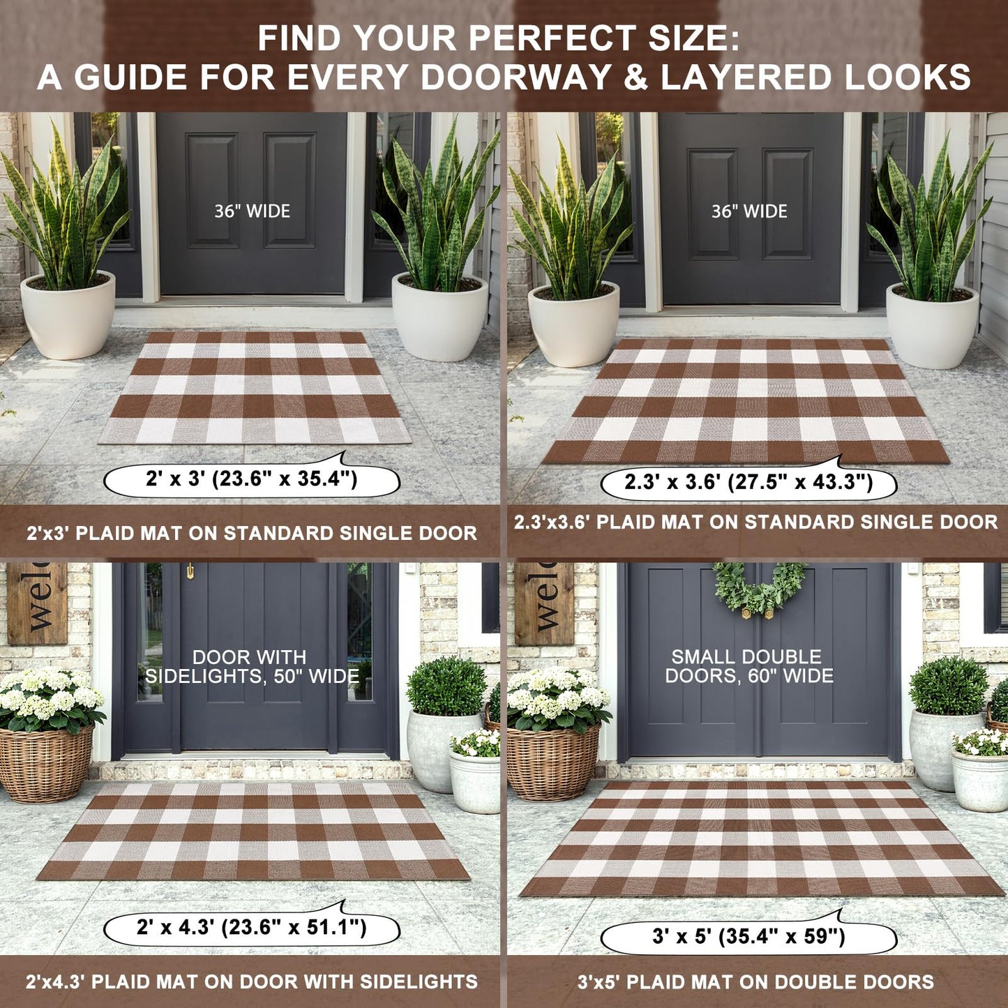LEEVAN Buffalo Plaid Outdoor Rug, Earthy Tones Washable Checkered Front Porch Rug, 27.5x43 Inch Brown and White Cotton Woven Farmhouse Decor Layered Door Mats for Entryway/Kitchen/Bedroom