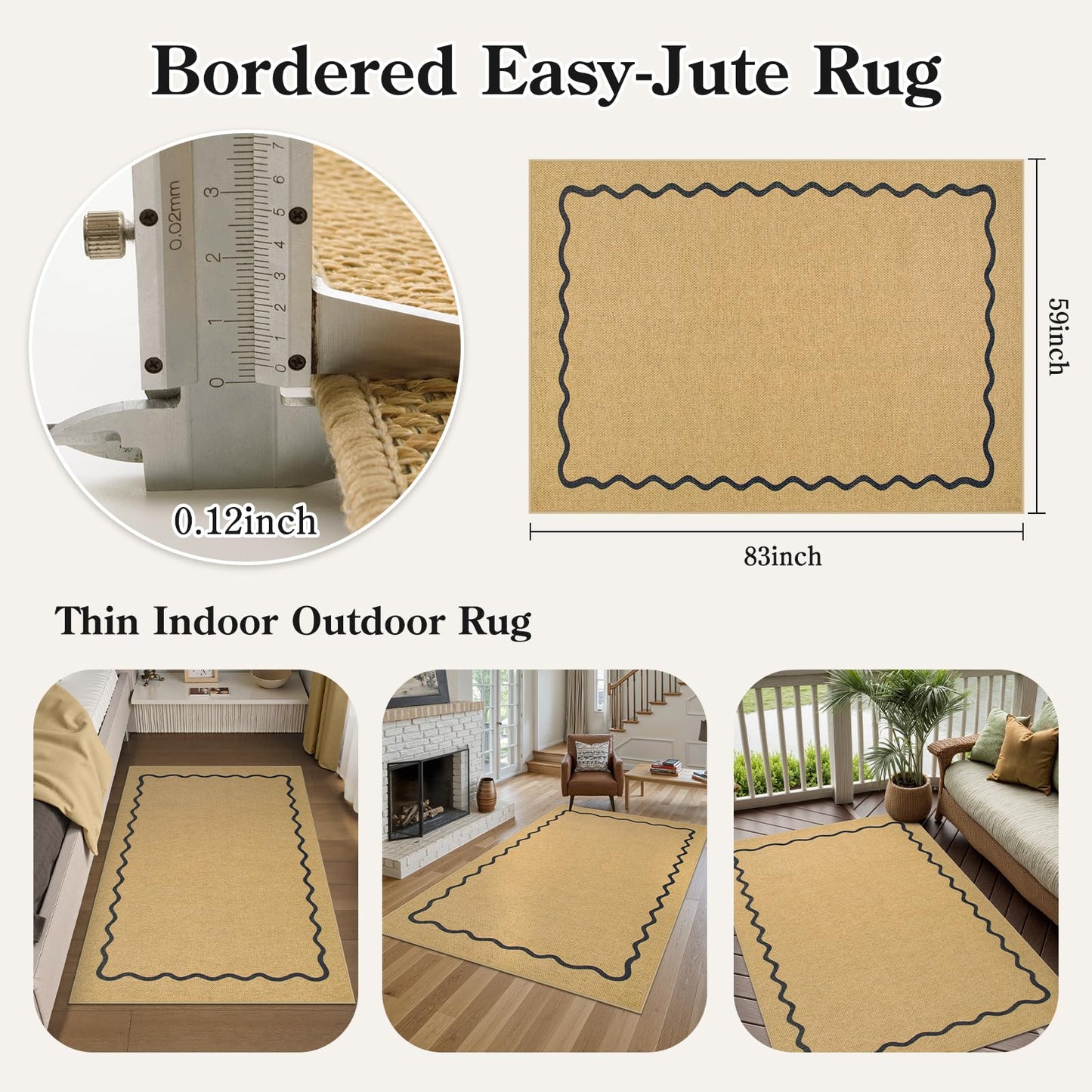 Sungea Outdoor Patio Rug 5x7 Washable Easy Jute Rug, Non-Skid Scalloped Geometric Floor Mats for Living Room, Neutral Modern Foldable Low-Pile Minimalism Carpet for Bedroom Backyard Home Decor