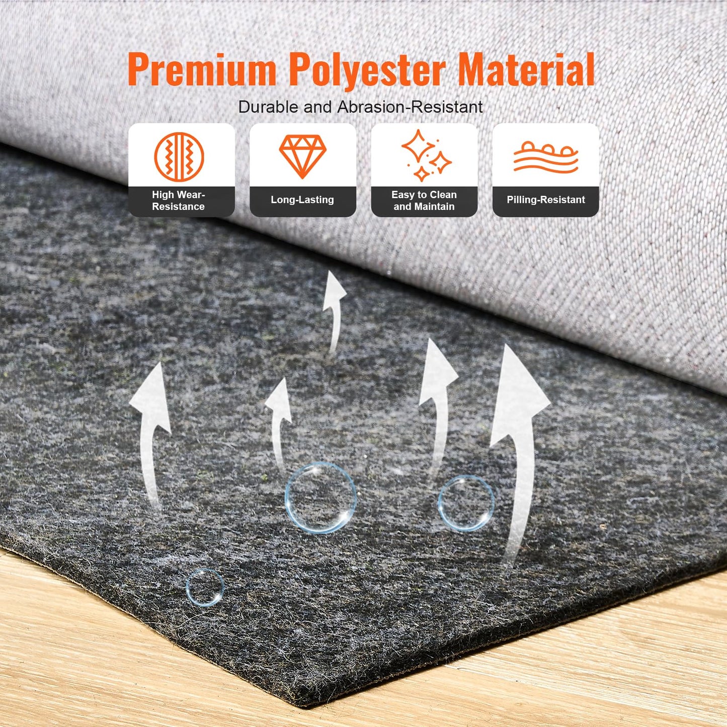 VEVOR 8' x 10' Non-Slip Rug Pad Gripper - 1/4" Thick Polyester Felt & Latex Backing Padding Cushion for Area Carpet Runner Hardwood Floors Living Room - Grey
