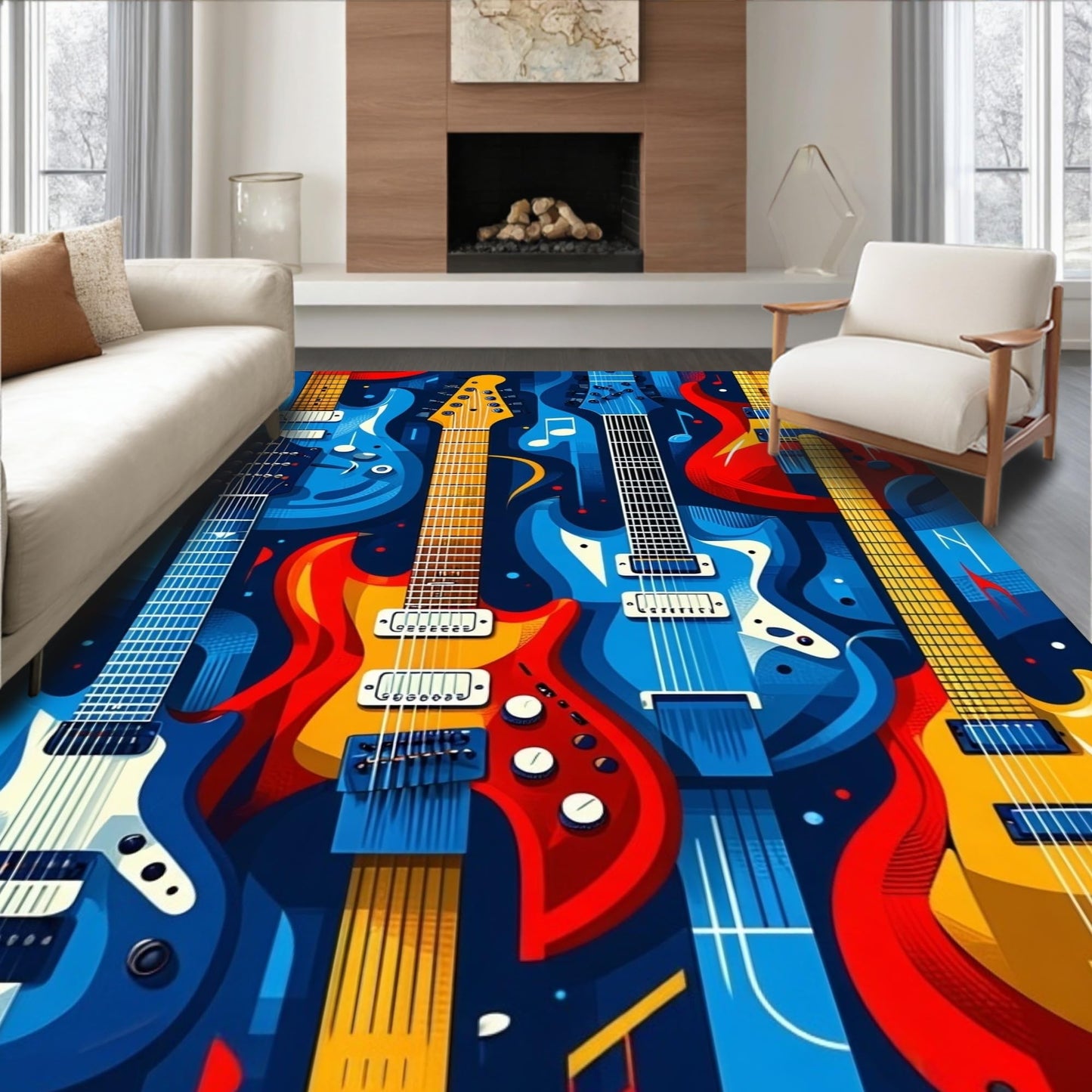 ODIKA Flatwoven Area Rug 6x9 ft, Electric Guitar Fantasy Music Inspired Circle Design, Non Slip, Stain Resistant, Washable High Traffic Area Rugs for Living Room, Bedroom Decor