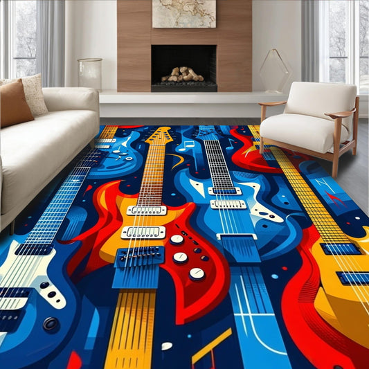 ODIKA Flatwoven Area Rug 6x9 ft, Electric Guitar Fantasy Music Inspired Circle Design, Non Slip, Stain Resistant, Washable High Traffic Area Rugs for Living Room, Bedroom Decor