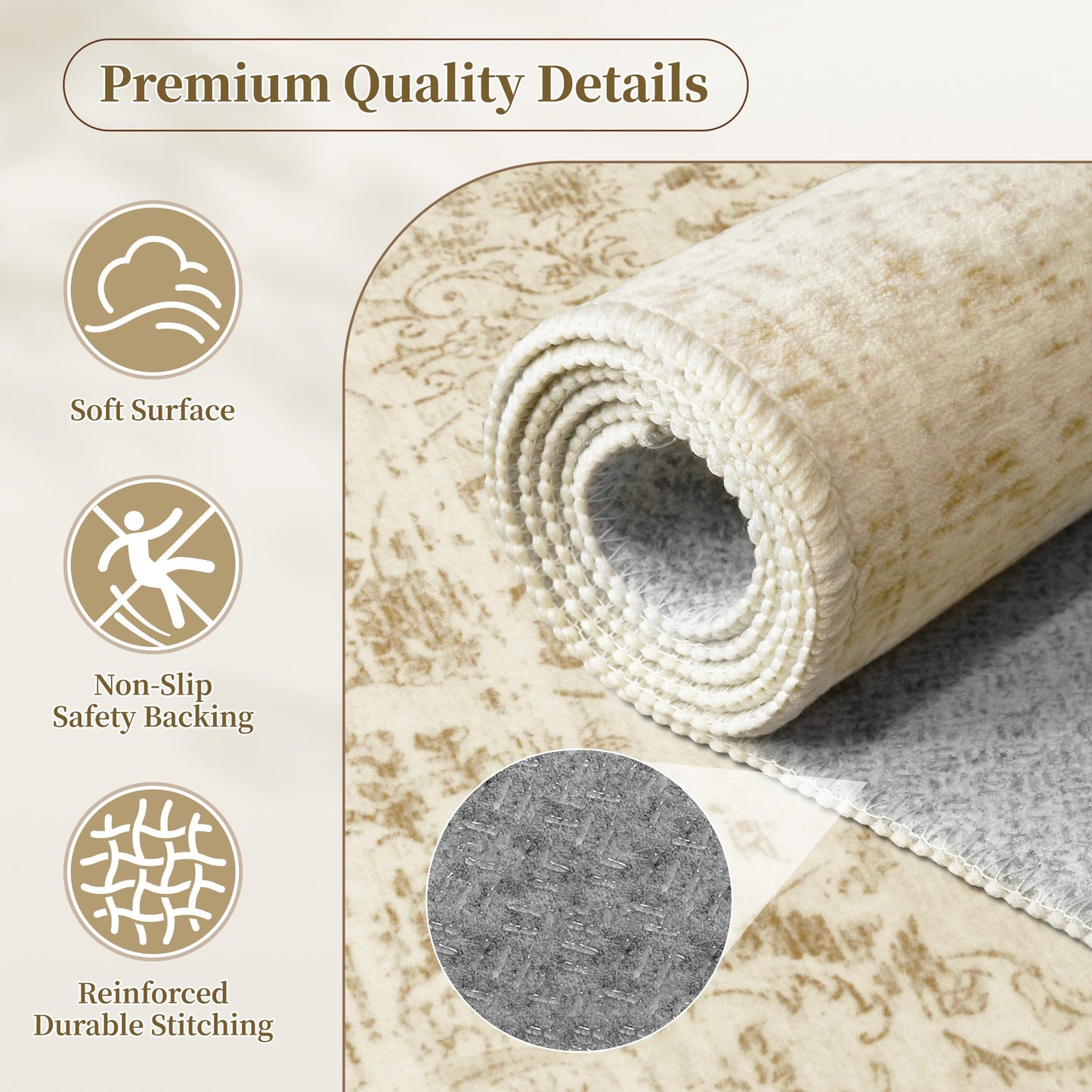 TTelephant Beige Living Room Rug, Neutral Vintage Boho Washable Rug 6x9 for Bedroom and Dining Room, Low Pile Large Carpets with Non-Slip Silicone Backing, Non-Shedding