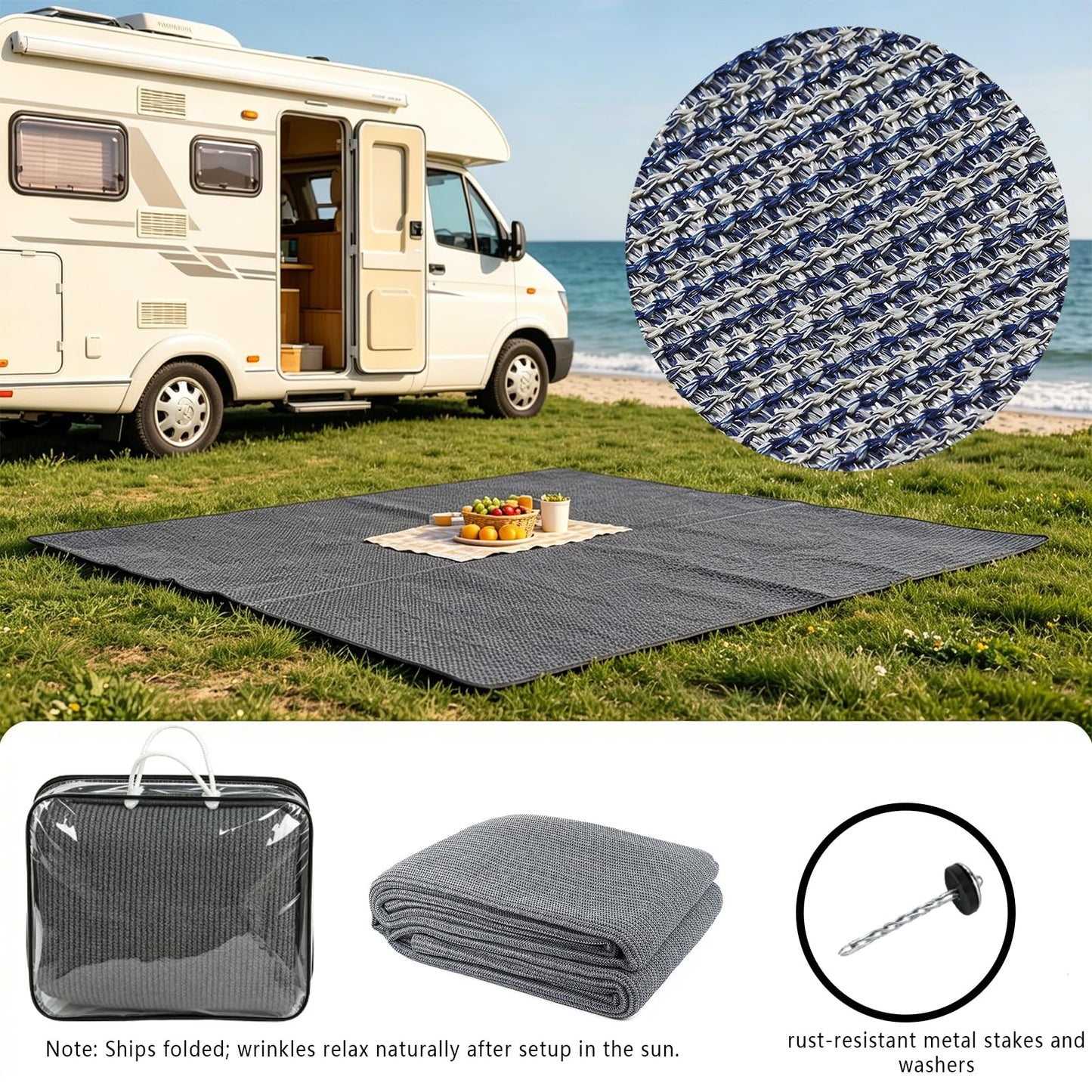 POYEE 9x6ft RV Outdoor Rug Camping Mat Awning Carpet Blue Gray